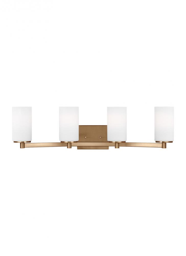 Hettinger traditional indoor dimmable LED 4-light wall bath sconce in a satin brass finish with etch